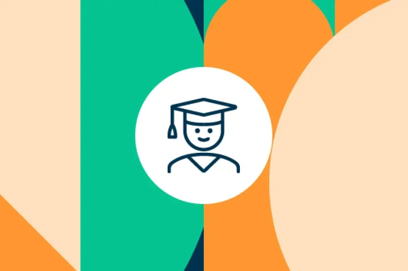 Shows faculty symbols with icon illustrating male graduate