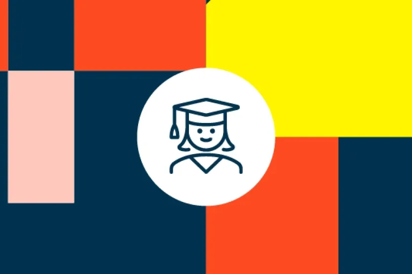 Shows faculty symbols with icon illustrating female graduate