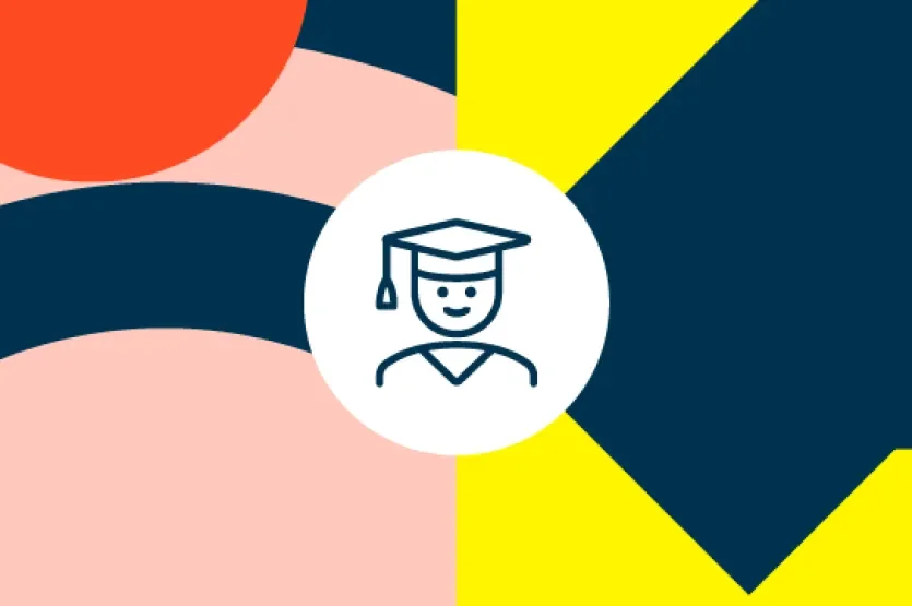 Shows faculty symbols with icon illustrating male graduate