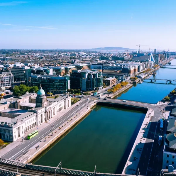 Shows aerial view of dublin city centre with the Liffey in foreground