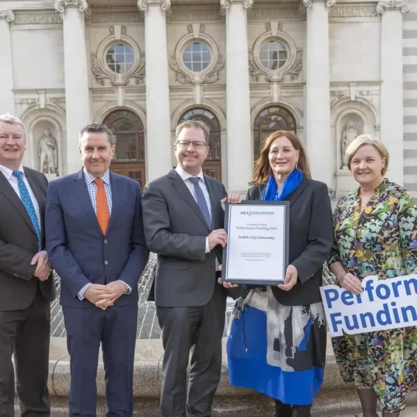 Tim Conlon (HEA) with Prof James O’Higgins Norman (DCU), TD James Lawless, Prof Anne Sinnott (DCU) and Dr Maura Coulter (DCU)