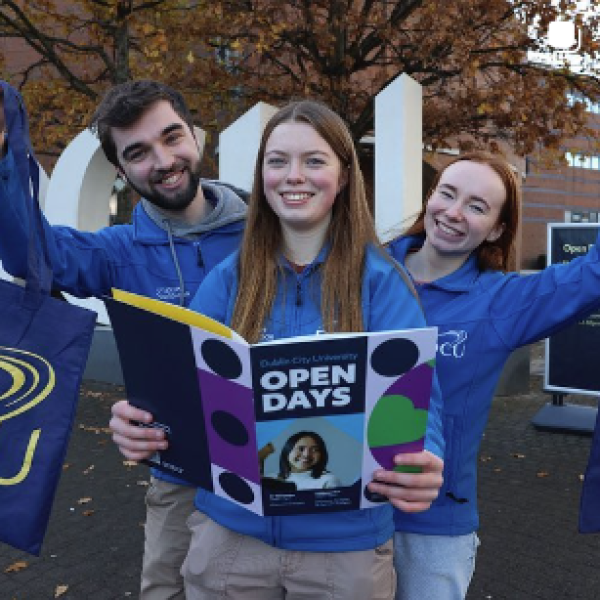 Shows DCU student ambassadors on campus for Open Day