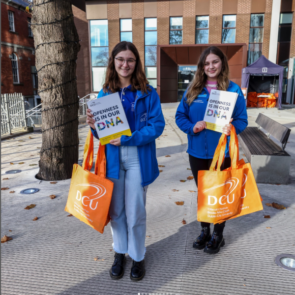 Shows two DCU student ambassadors on Open Day