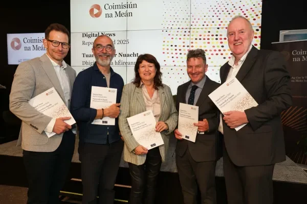 A group shot of Dan Lloyd DCU, Roddy Flynn DCU, Bernie Ní Fhlatharta Freelance Journalist, Harry McGee The Irish Times, Dave O’Connell Connaught Tribune