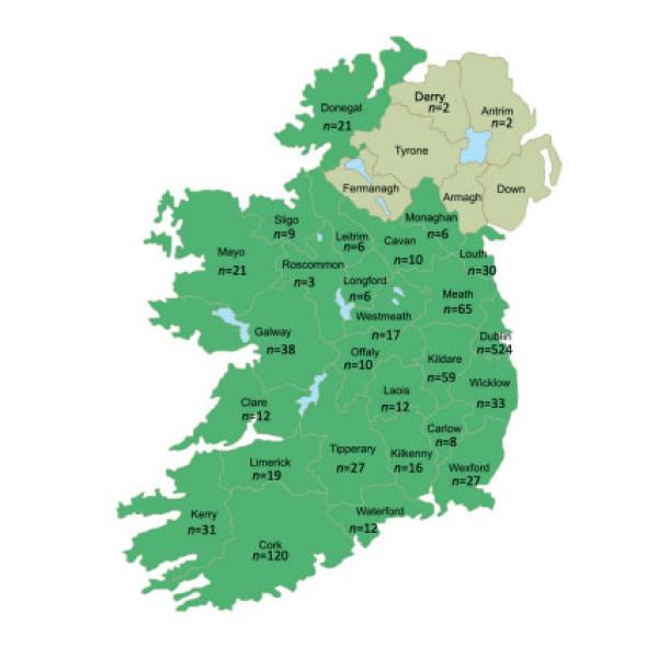 CTYI - Figure 1.1 County Representation of CTYI (2015, 2021) and CAT (2016) Students