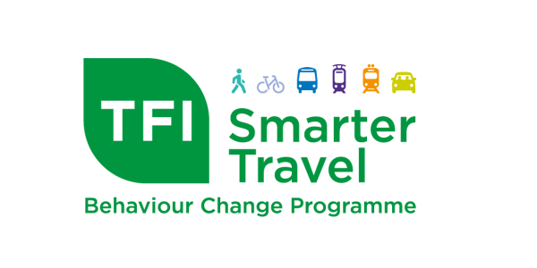 TFI Smarter Travel Logo with graphic of a pedestrian, bike, bus, tram, train and car.