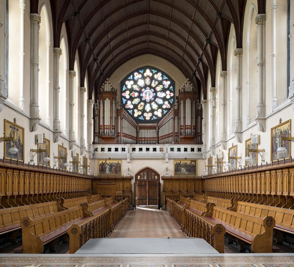 Interior of All Hallows Chapel with rose window.