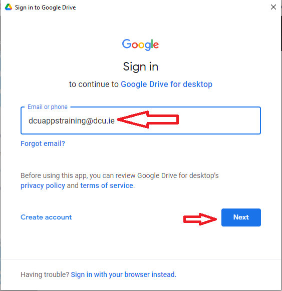 Enter in your dcu email address and click next