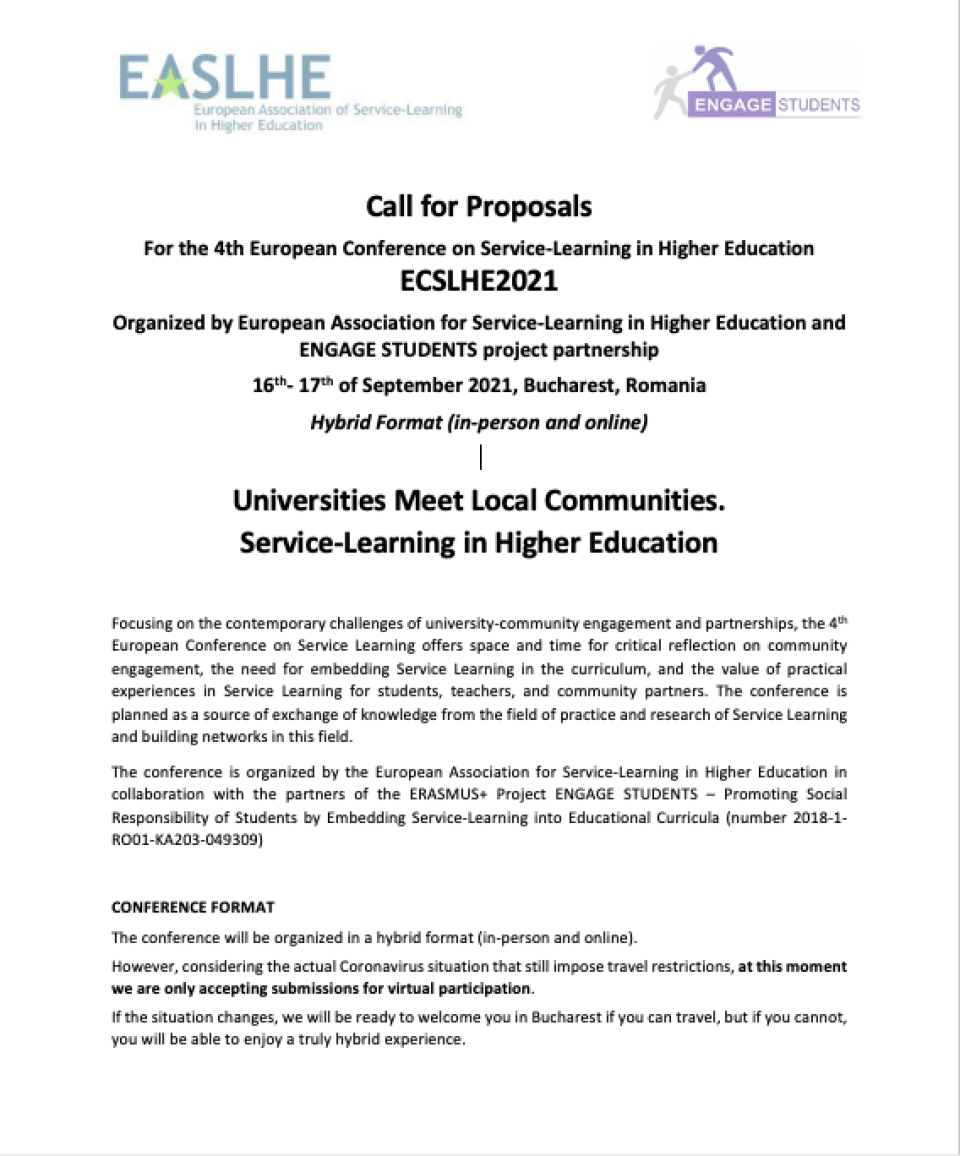 Call for proposals for the 4th European Conference on Service-Learning in Higher Education 
