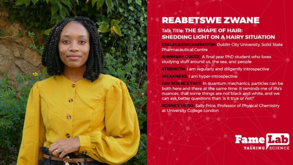 Image of Reabetswe Zwane in a yellow jumper with words describing her research.
