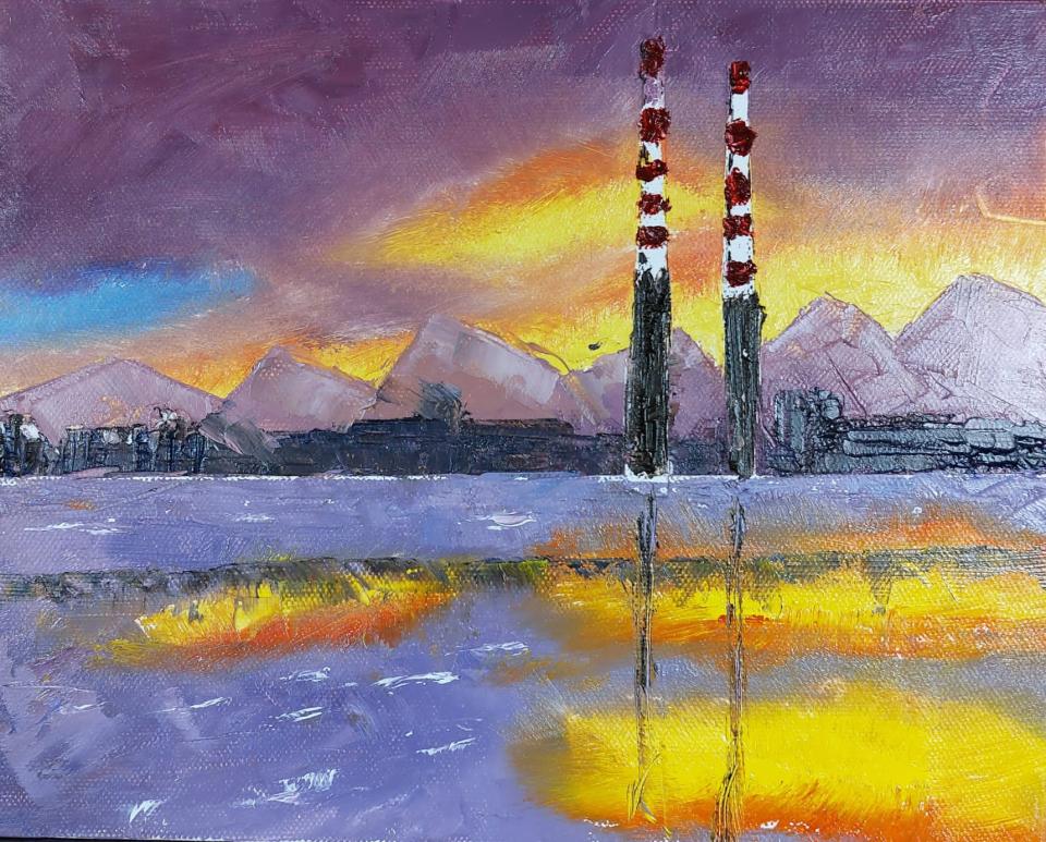 Poolbeg Chimneys at dusk painting