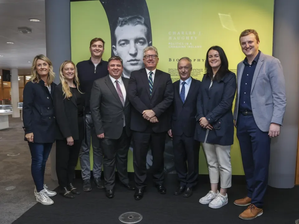 President Daire Keogh pictured with members of the Haughey family at the opening of the exhibition