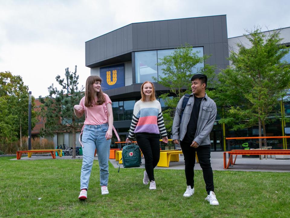 Students outside the U Building, Glasnevin Campus, DCU