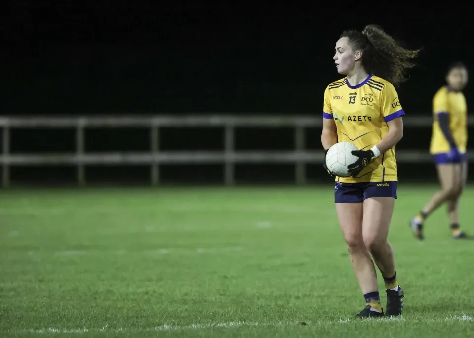 Student Emma Duggan preparing to kick the ball in the Ladies O'Connor Cup Final 2025