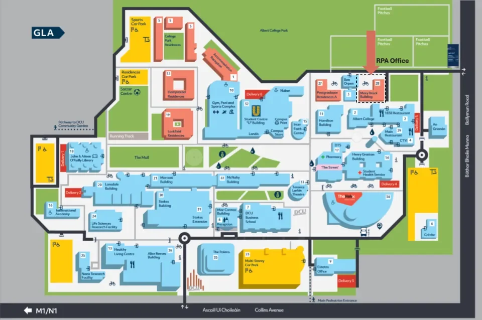 DCU Glasnevin Campus map indicating Mary Bruck Building
