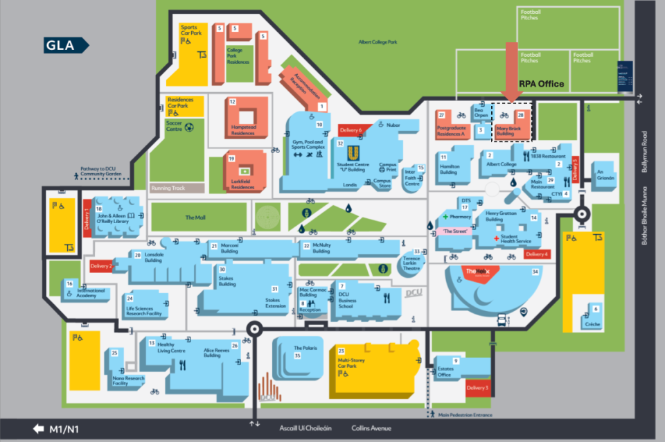 DCU Glasnevin Campus map indicating Mary Bruck Building