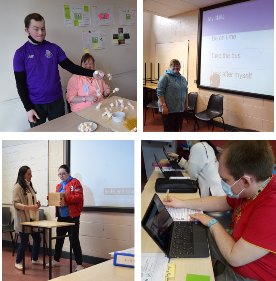 Four images of different learners from the Works for Me course. In the first, two learners are completing a teamwork challenge using spaghetti and marshmallows. In the second a learner is making a presentation about her skills. In the third image a learner is practicing lifting a box safely as part of manual handling training. In the fourth image a learner is completing job research on a laptop.