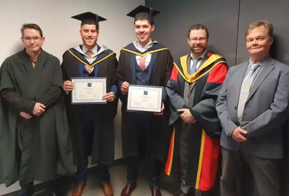 L-R: Dr. Martin Crane, Russell Brady (award winner), Cathal Hughes (award winner), Dr. Cathal Gurrin and Renaat Verbruggen all from the School of Computing 12th November 2019