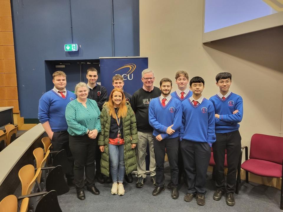 Prof. Hendry with DCU School of Physical Sciences, Dr. Eilish McLoughlin, and TY students from Edmund Rice College, Carpentersown / Castleknock.