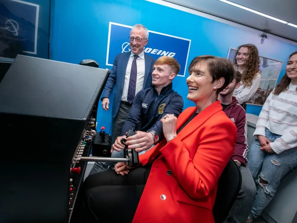 Minister Norma Foley attends the Mobile Newton Room with current students