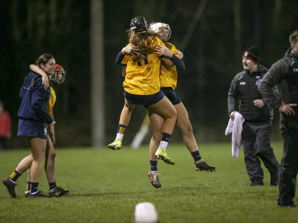 Two players jump and hug in the air