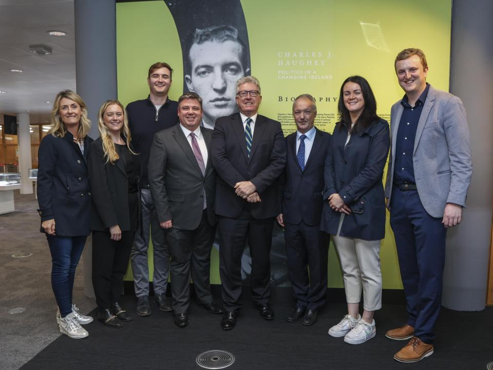 President of Dublin City University, Prof Daire Keogh pictured with Paul McAuliffe TD and members of the Haughey family at the opening of the exhibition