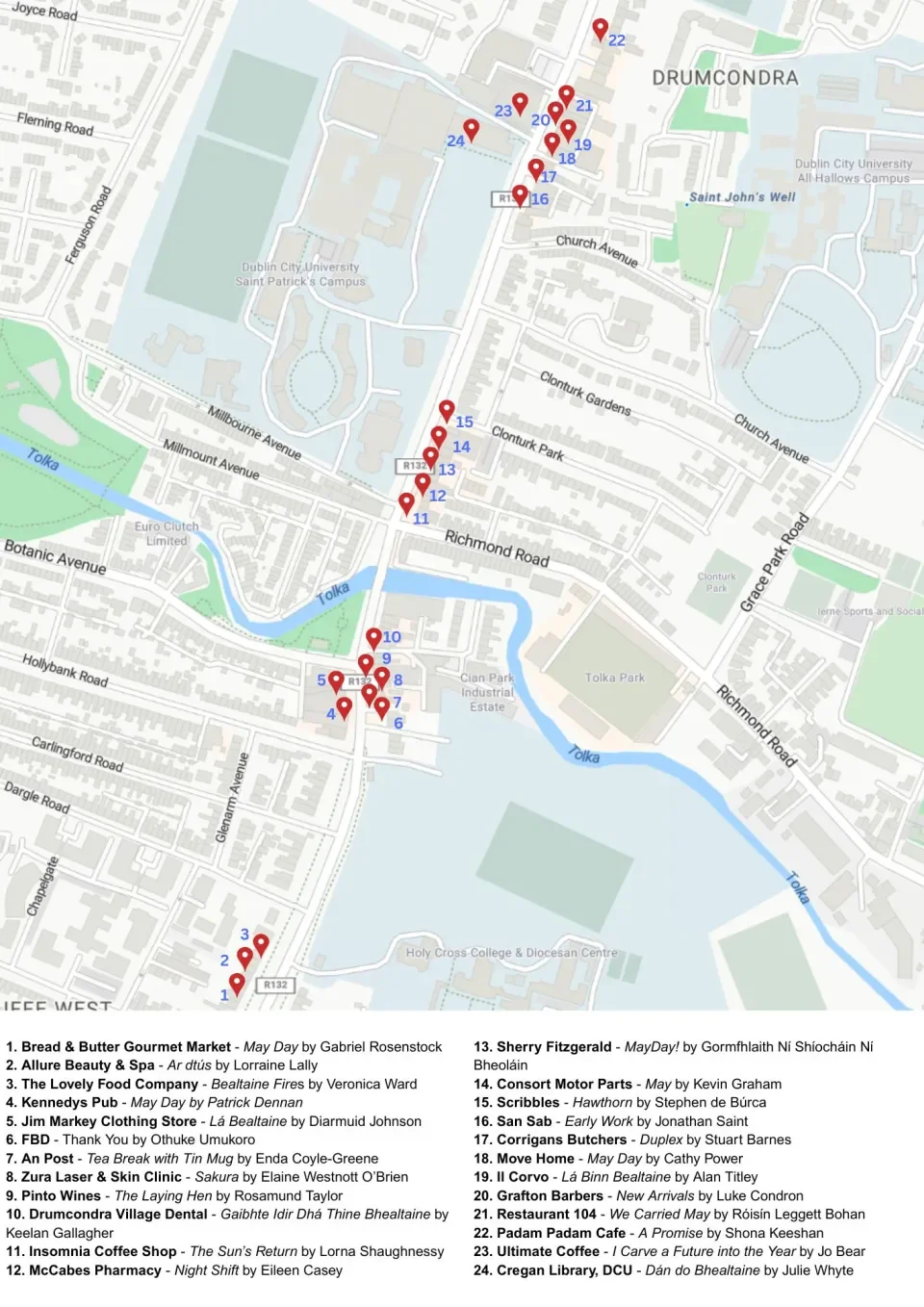 map of poetry locations in Drumcondra