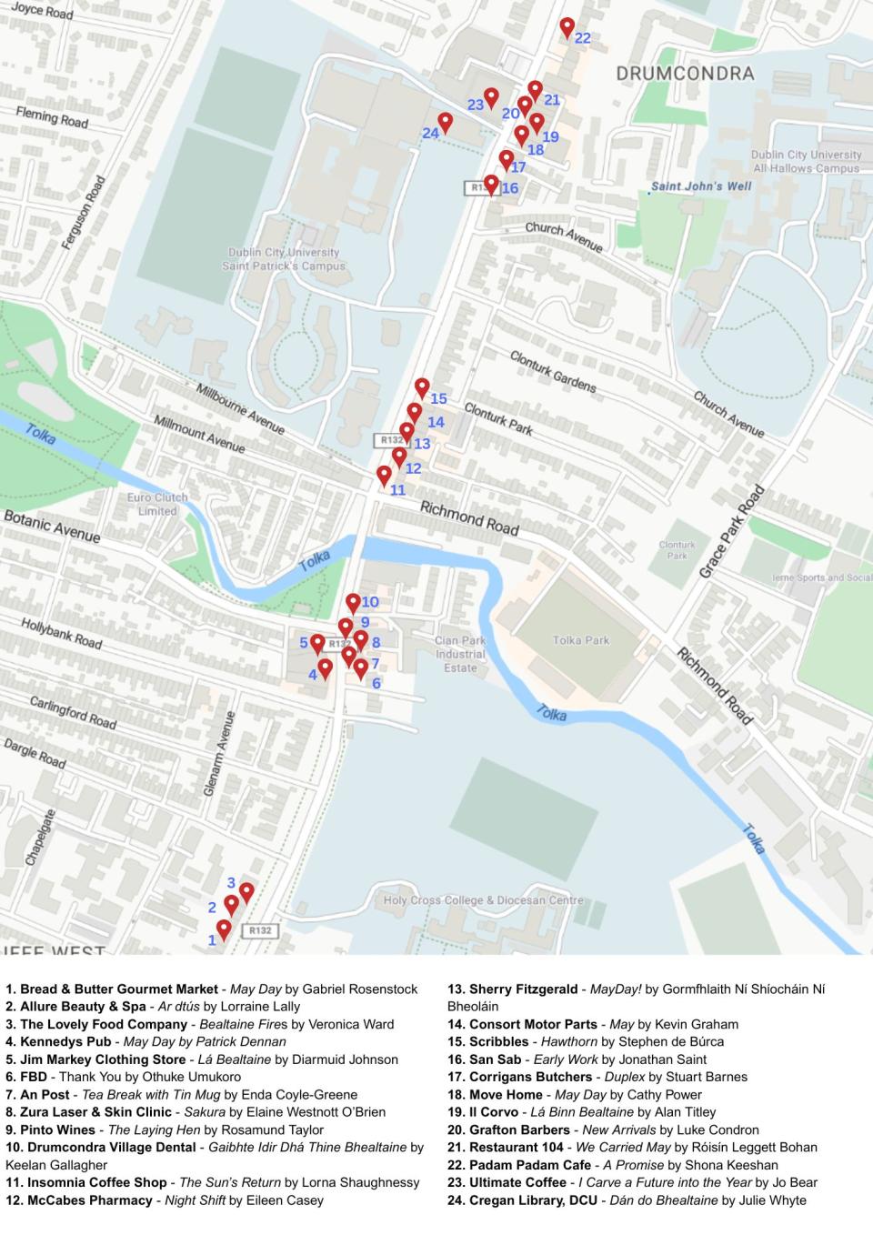 map of poetry locations in Drumcondra