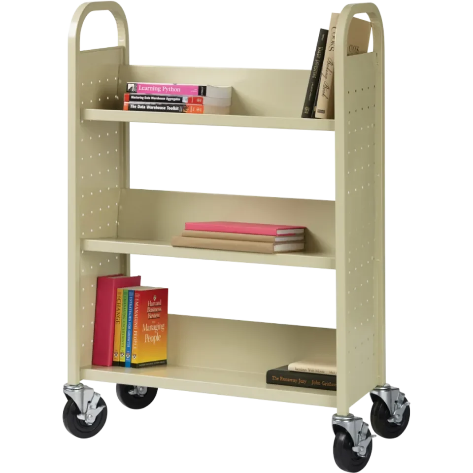Metal book trolley with books scattered over its three shelves