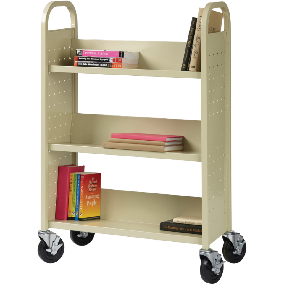 Metal book trolley with books scattered over its three shelves
