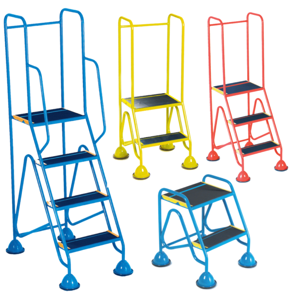 Four mobile step ladders of different heights are pictured