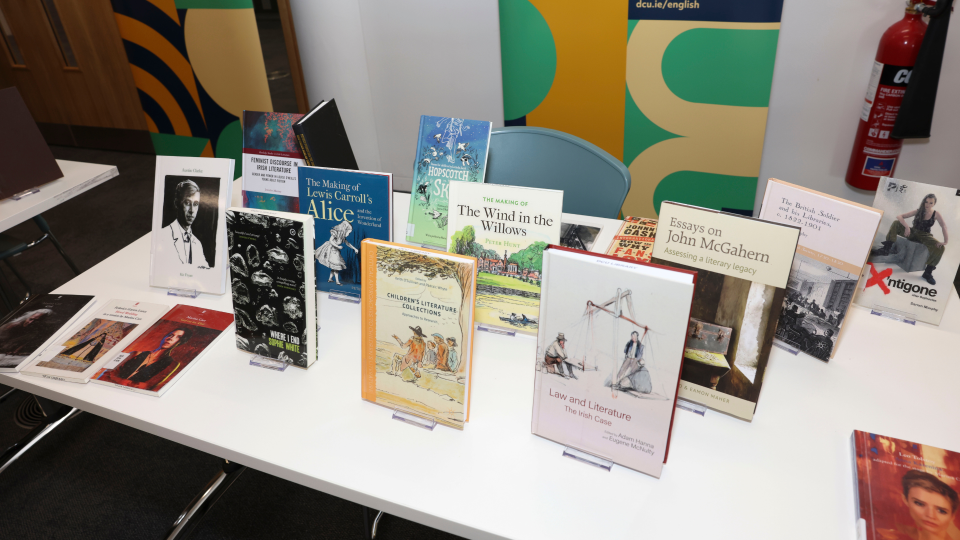 Shows a display of books published by staff in the DCU School of English