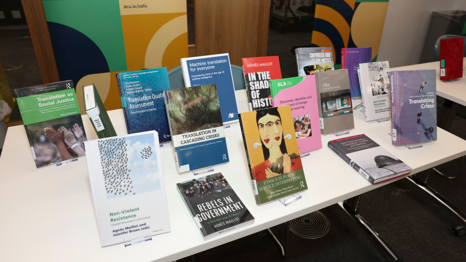 Shows a display of books published by staff in the School of Applied Languages and Intercultural Studies Pic: Kyran O'Brien