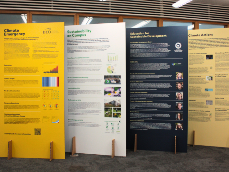 Shows four exhibition boards with the titles: Climate emergency, sustainability on campus, education for sustainable development, climate actions