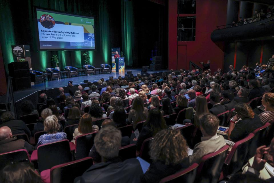 A wide shot of Mary Robinson addressing the DCU Climate Conference