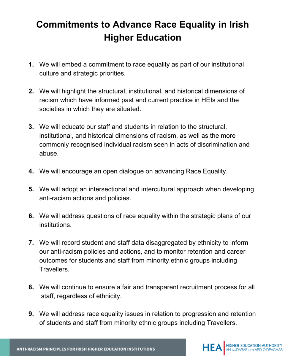 List of nine commitments to advance race equality in irish higher education