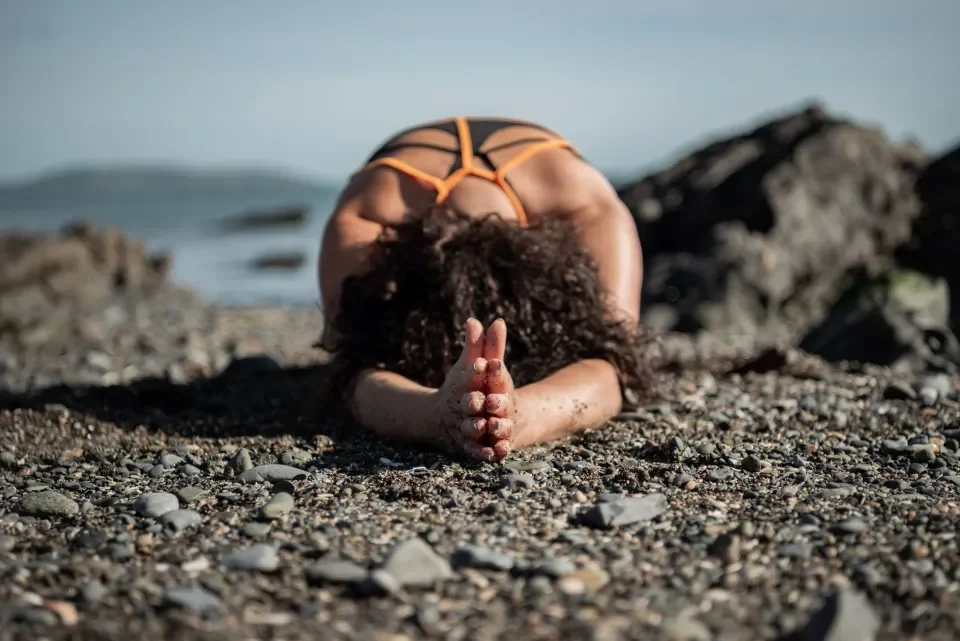 Gillian Mayer Yoga pose at beach