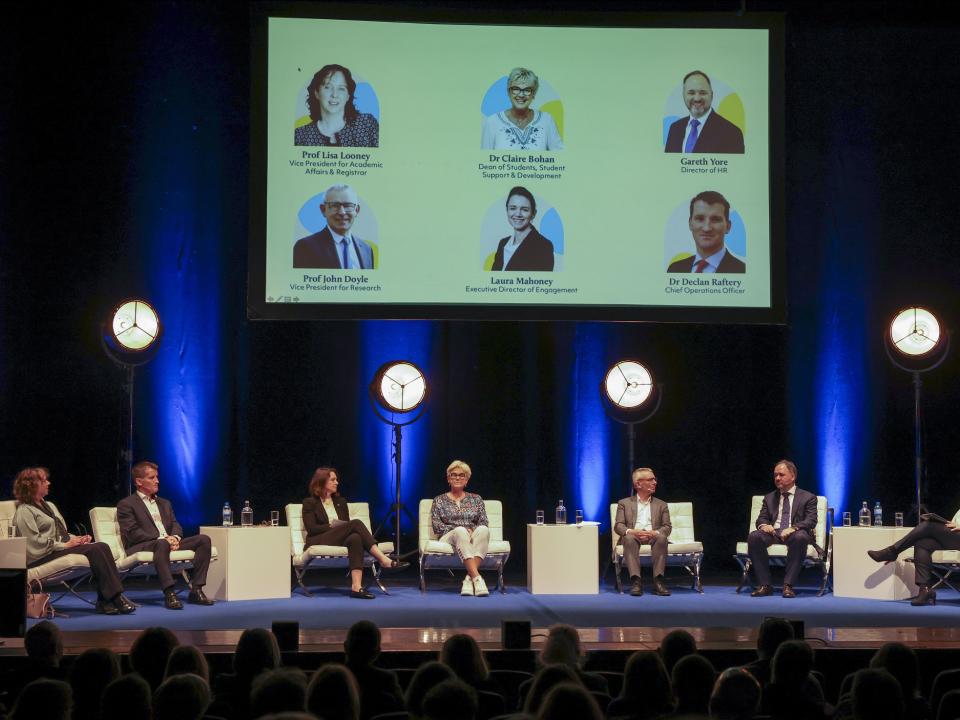 Shows pillar owners of DCU Strategy on stage for launch event in The Helix 