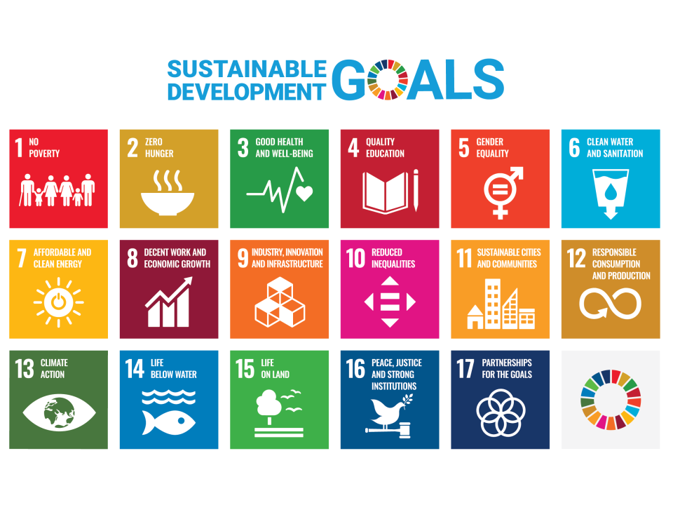 A graphic illustrating the 17 United Nations Strategic Development Goals (SDGs). Each one is outlined below in this page 