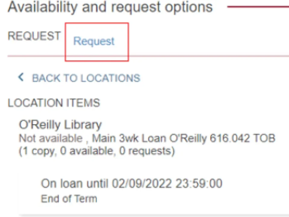screenshot of library website highlighting 'request' option on item record