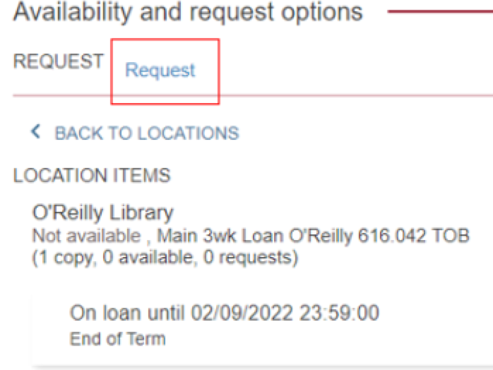 screenshot of library website highlighting 'request' option on item record