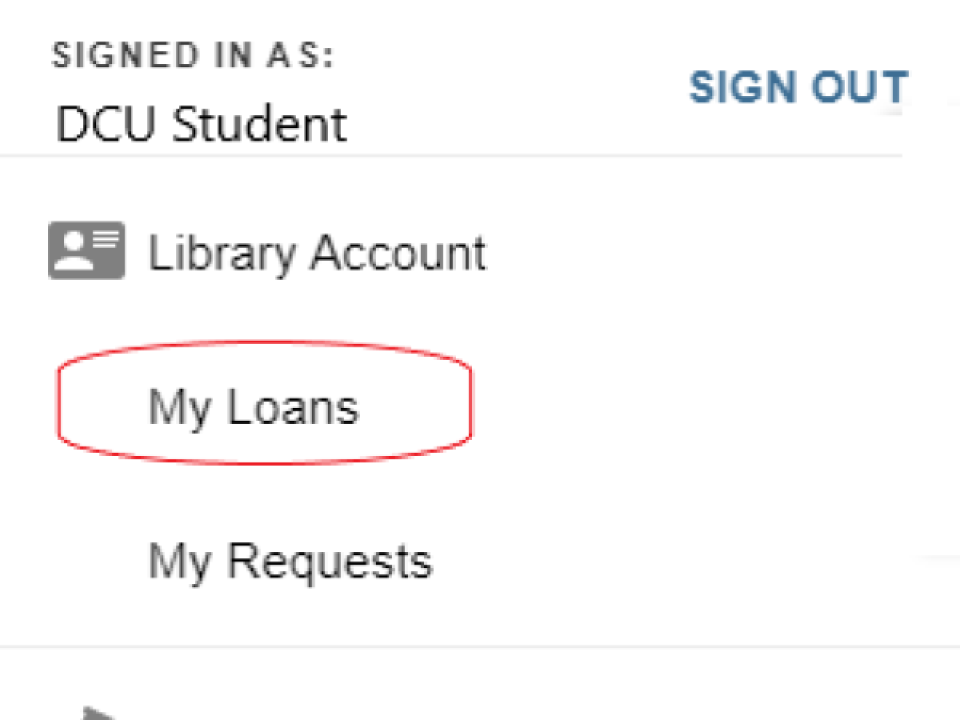 screengrab of webpage highlighting the 'My Loans' section of Library Account feature