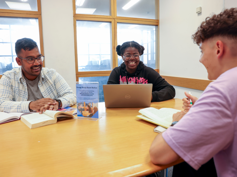 3 students studying in a group study room in O' Reilly library