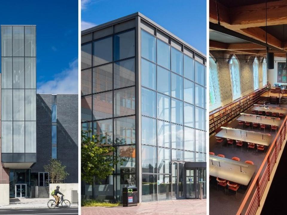 triptych of images: first is exterior of Cregan Library; second is exterior of O' Reilly Library; third is Interior of Woodlock Hall library