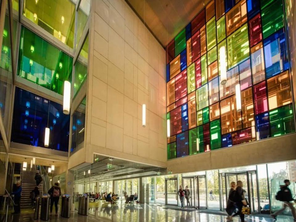 interior of Cregan library foyer, highlighting the stained glass