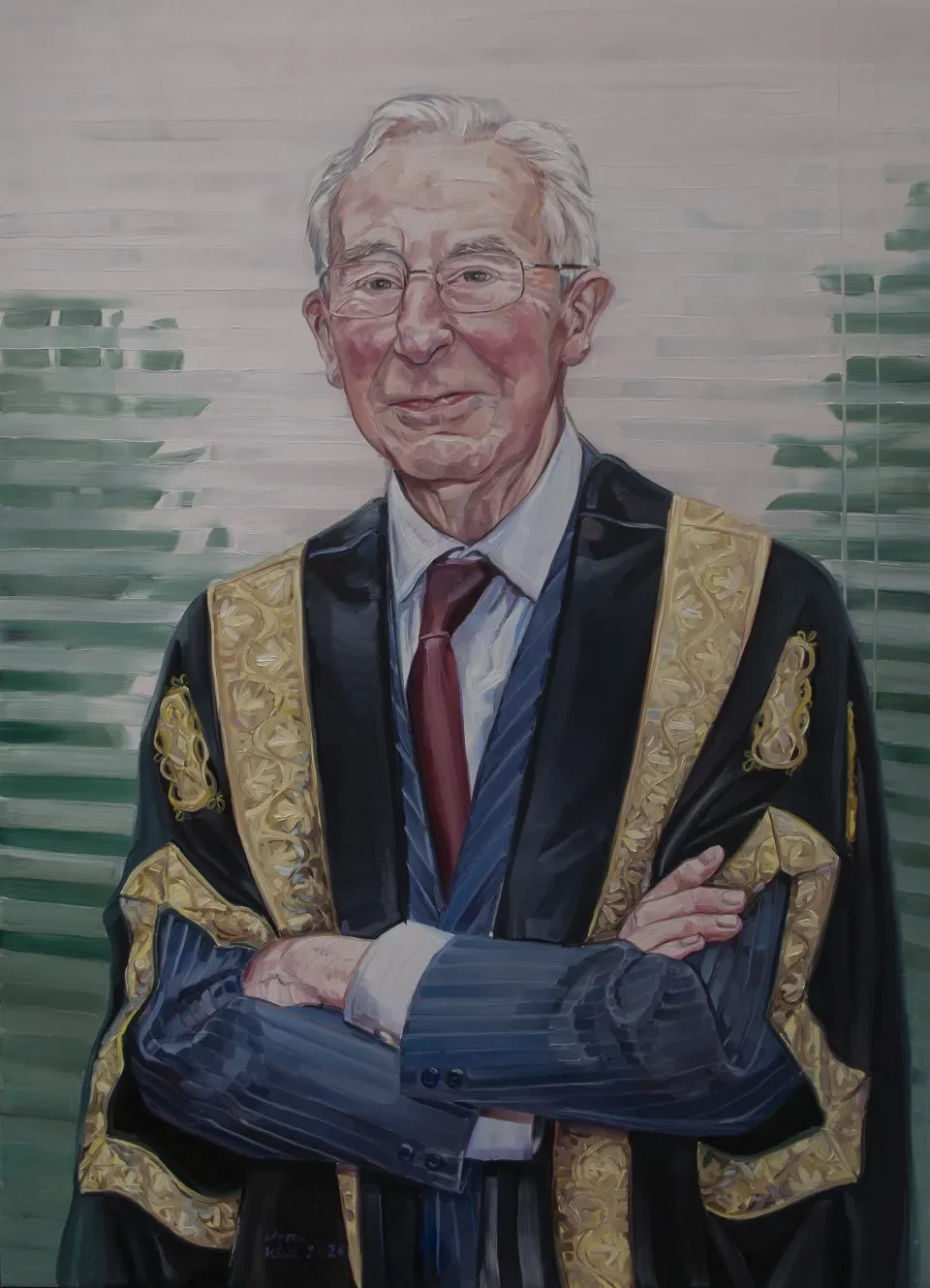 Mr Tom Hadriman - painting of a man with grey hair and glasses wearing a navy pinstripe suit and red tie and graduation gown
