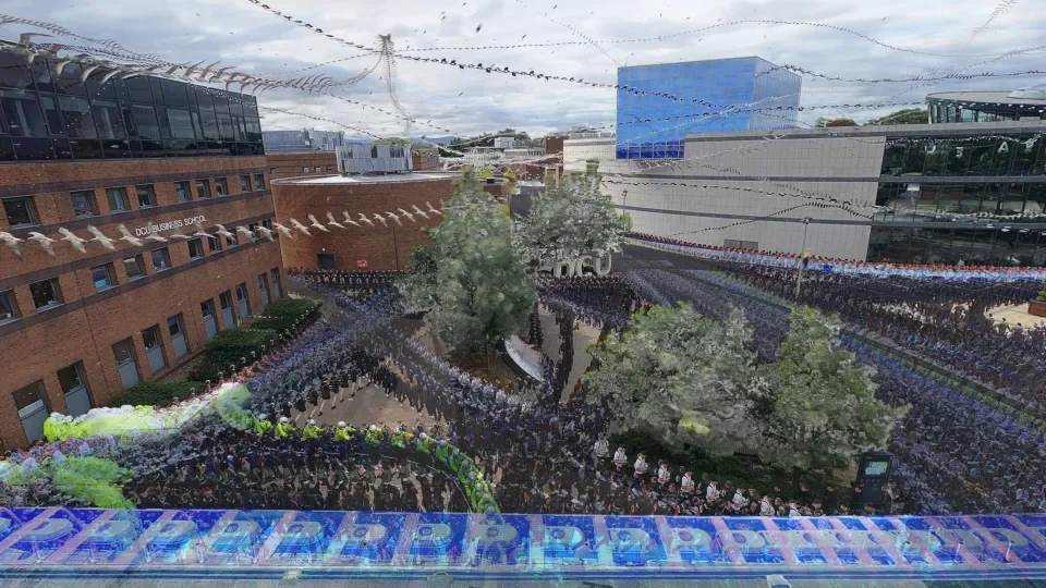 Image of DCU and The Helix from a height with multiple layers of repetitive images