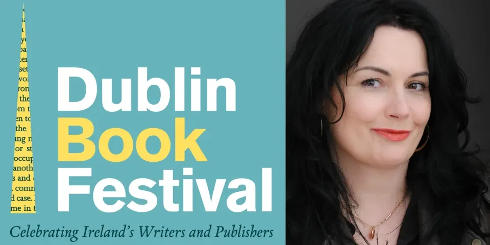 Dublin Book Festival text and picture of Aingeala Flannery Author with Black hair and red lipstick smiling