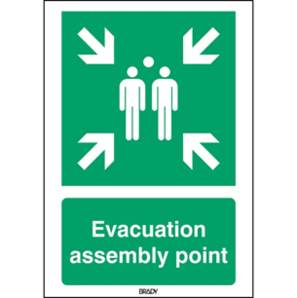 Icon showing the figures of two people with four arrows pointing in to them over the text evacuation assembly point