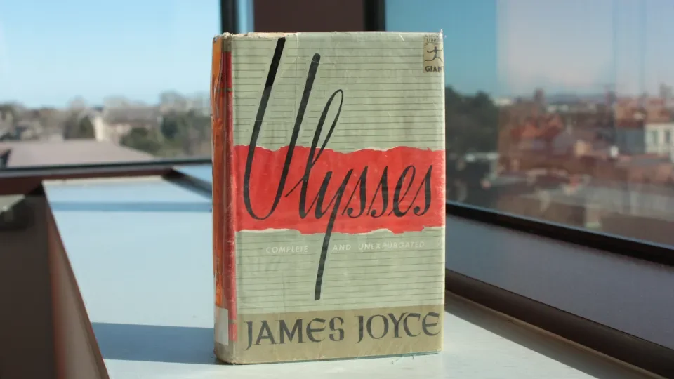 Book cover for Ulysses in front of Dublin Skyline taken in DCU Library